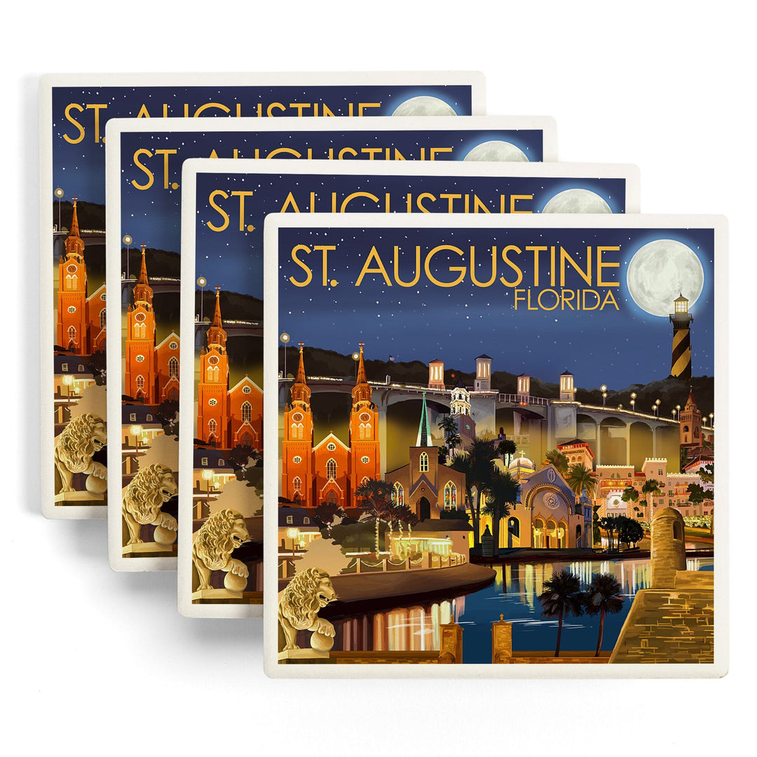 St. Augustine, Florida, Night Scene, Lantern Press Artwork, Coaster Set Coasters Lantern Press 