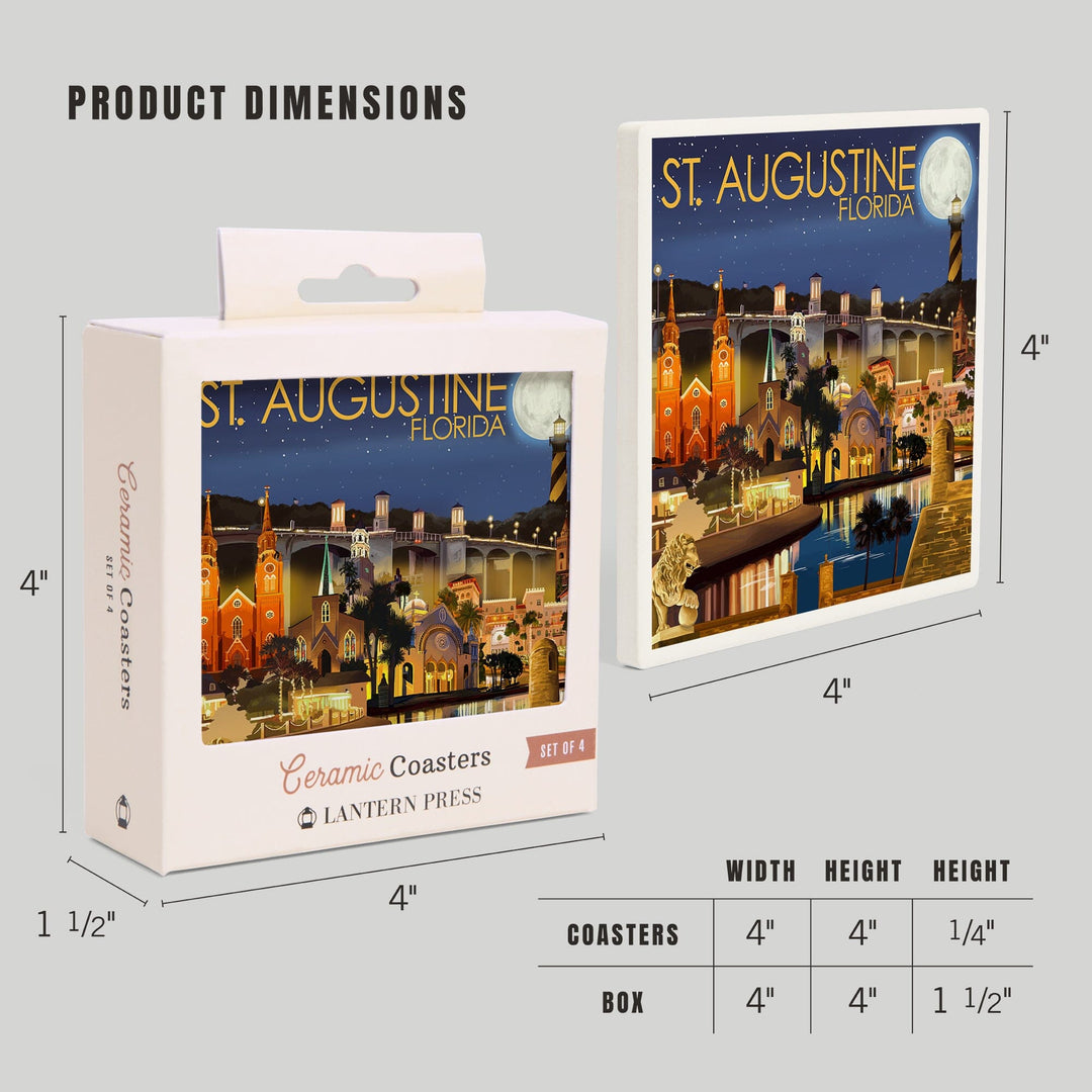 St. Augustine, Florida, Night Scene, Lantern Press Artwork, Coaster Set Coasters Lantern Press 