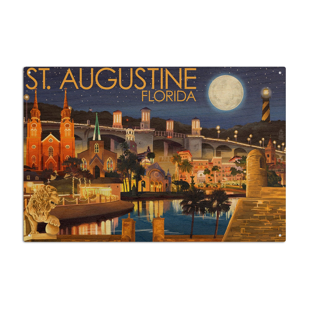 St. Augustine, Florida, Night Scene, Lantern Press Artwork, Wood Signs and Postcards Wood Lantern Press 10 x 15 Wood Sign 