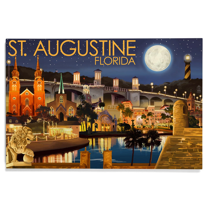 St. Augustine, Florida, Night Scene, Lantern Press Artwork, Wood Signs and Postcards Wood Lantern Press 