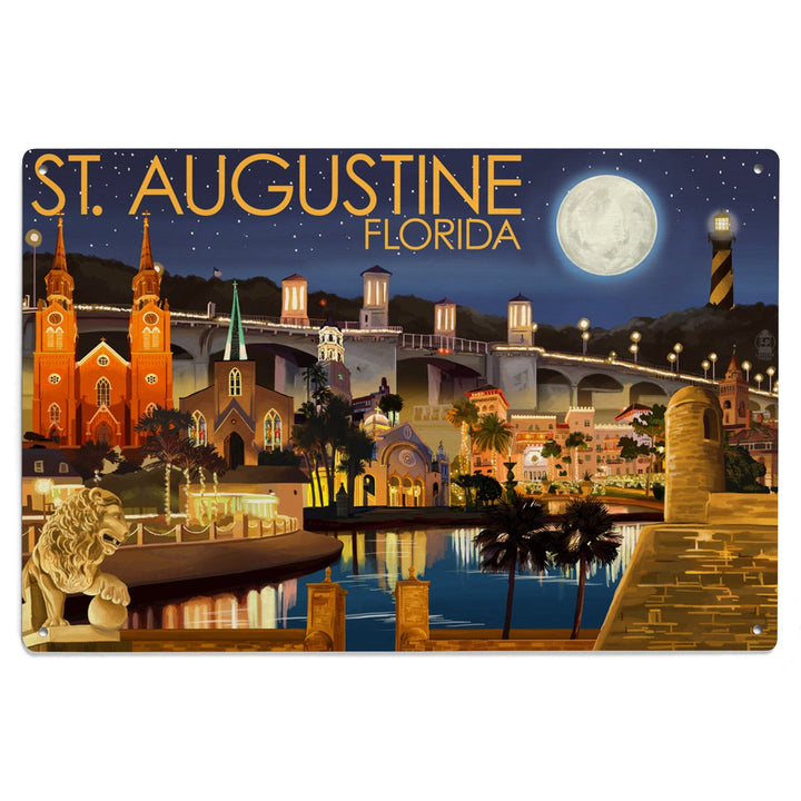 St. Augustine, Florida, Night Scene, Lantern Press Artwork, Wood Signs and Postcards Wood Lantern Press 