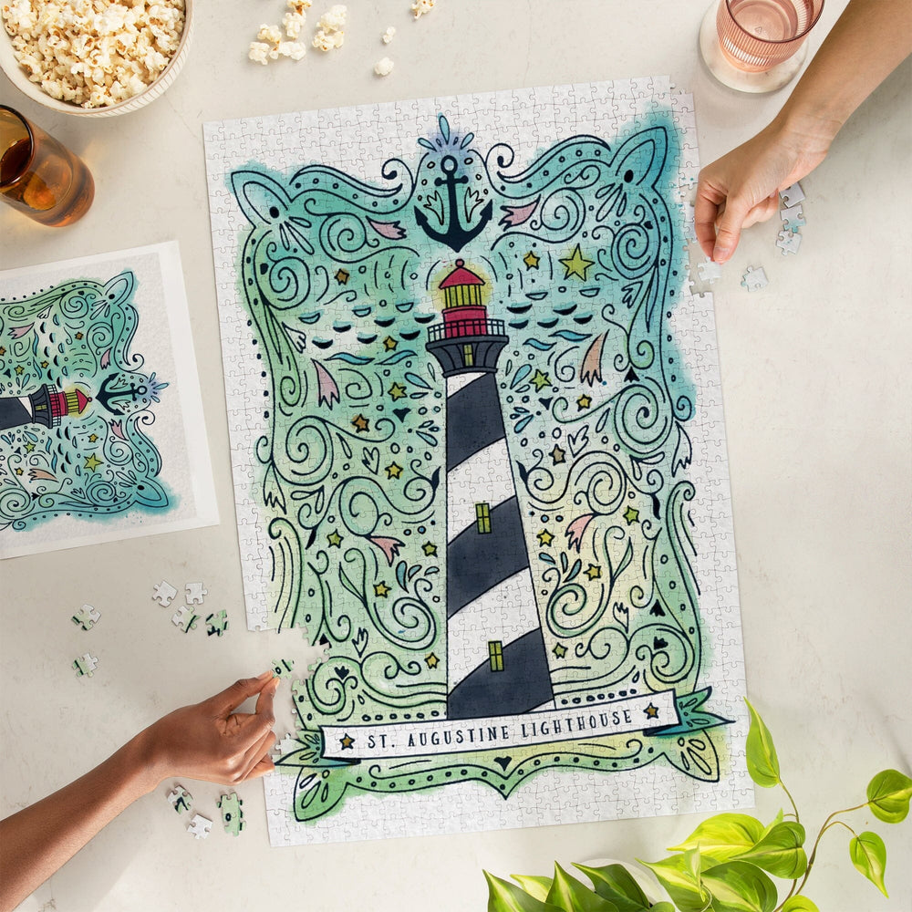 St. Augustine, Florida, Watercolor, Nautical Lighthouse, Jigsaw Puzzle Puzzle Lantern Press 