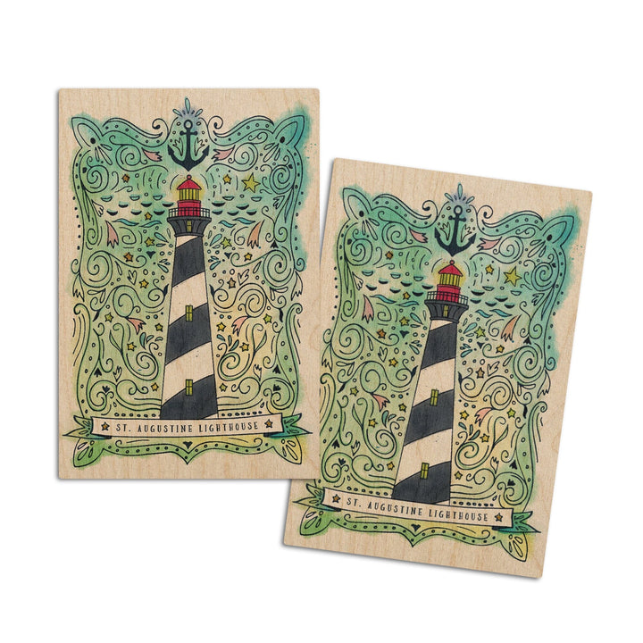 St. Augustine, Florida, Watercolor, Nautical Lighthouse, Lantern Press Artwork, Wood Signs and Postcards Wood Lantern Press 4x6 Wood Postcard Set 