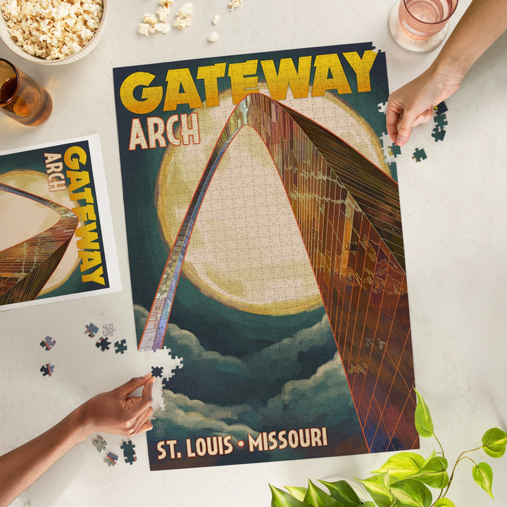 St. Louis, Missouri, Gateway Arch and Moon, Jigsaw Puzzle Puzzle Lantern Press 