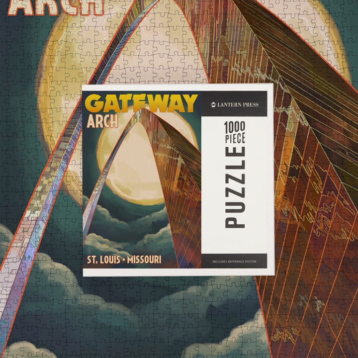 St. Louis, Missouri, Gateway Arch and Moon, Jigsaw Puzzle Puzzle Lantern Press 