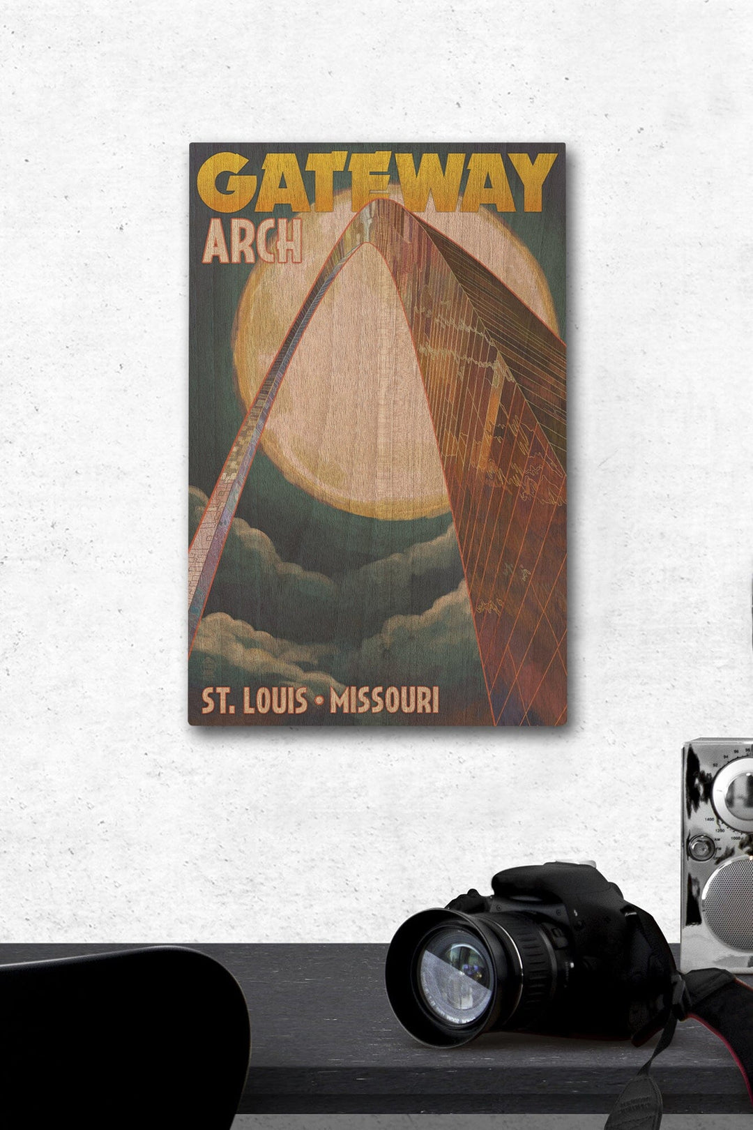 St. Louis, Missouri, Gateway Arch and Moon, Lantern Press Artwork, Wood Signs and Postcards Wood Lantern Press 12 x 18 Wood Gallery Print 