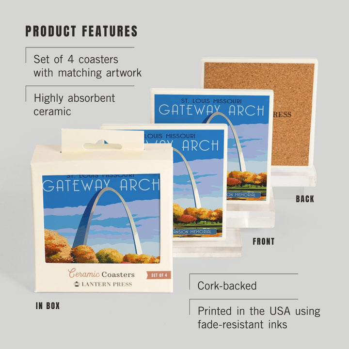 St. Louis, Missouri, Gateway Arch in Fall, Lantern Press Artwork, Coaster Set Coasters Lantern Press 