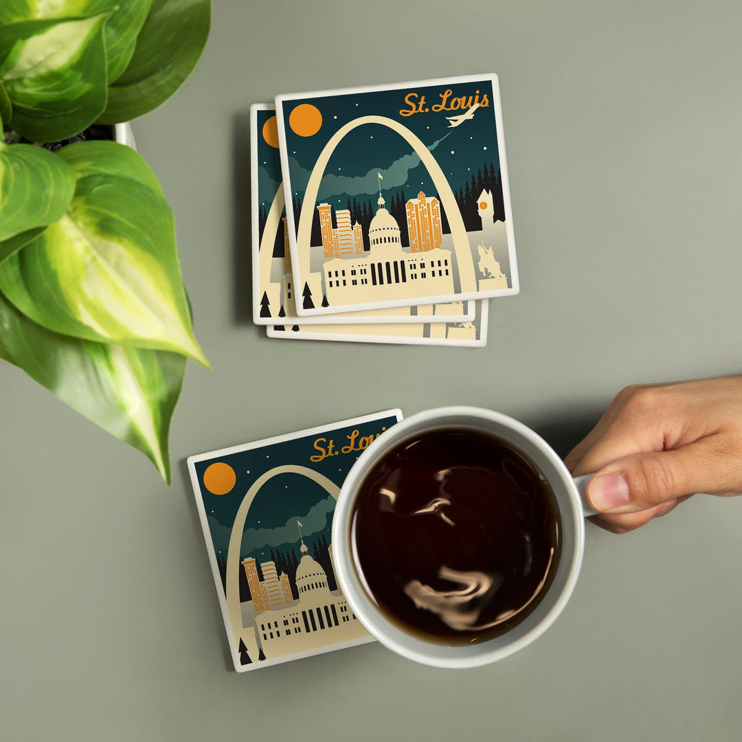 St. Louis, Missouri, Retro Skyline, Lantern Press Artwork, Coaster Set Coasters Lantern Press 