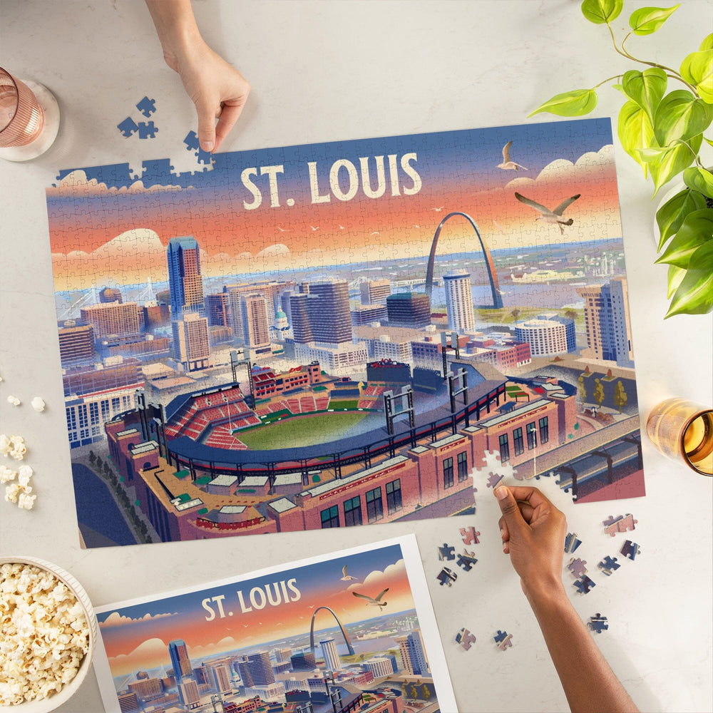 St. Louis, Missouri, Skyline With Stadium, Lithograph, Jigsaw Puzzle Puzzle Lantern Press 