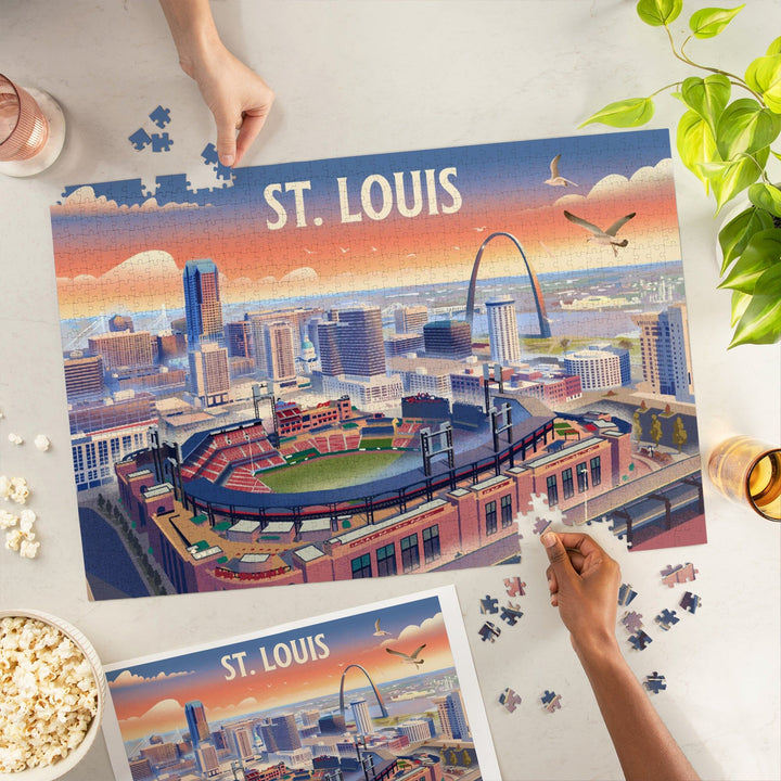 St. Louis, Missouri, Skyline With Stadium, Lithograph, Jigsaw Puzzle Puzzle Lantern Press 