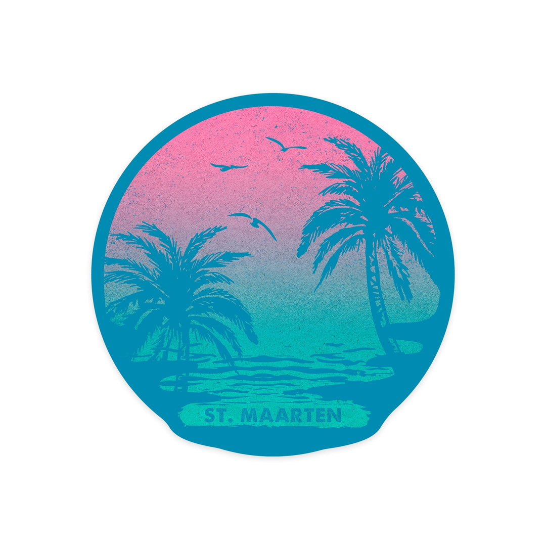 St Maarten, Sunset & Palm Trees, Contour, Lantern Press Artwork, Vinyl Sticker Sticker Lantern Press 