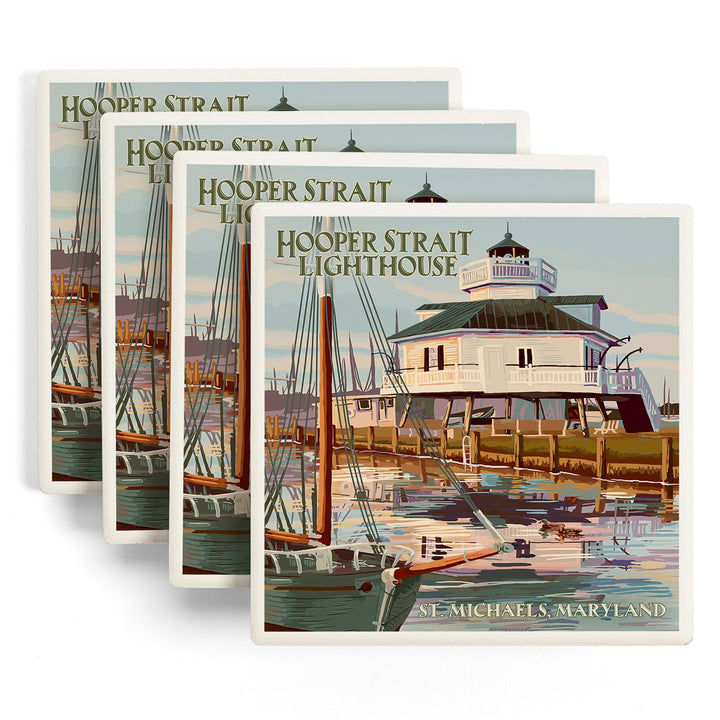 St. Michaels, Maryland, Hooper Strait Lighthouse (Colorized), Lantern Press Artwork, Coaster Set Coasters Lantern Press 