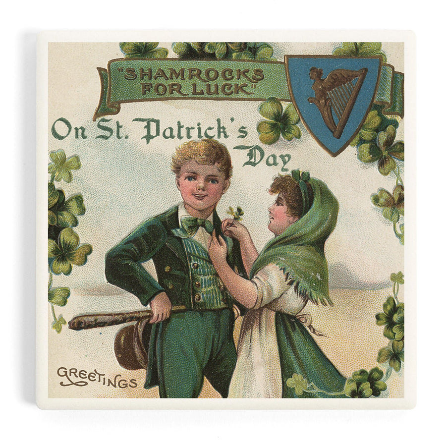St. Patrick's Day Greeting, Shamrocks for Luck, Vintage Halftone, Coasters Coasters Lantern Press 