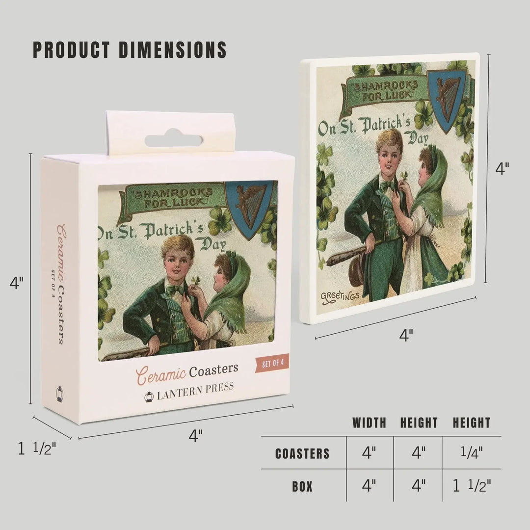 St. Patrick's Day Greeting, Shamrocks for Luck, Vintage Halftone, Coasters Coasters Lantern Press 