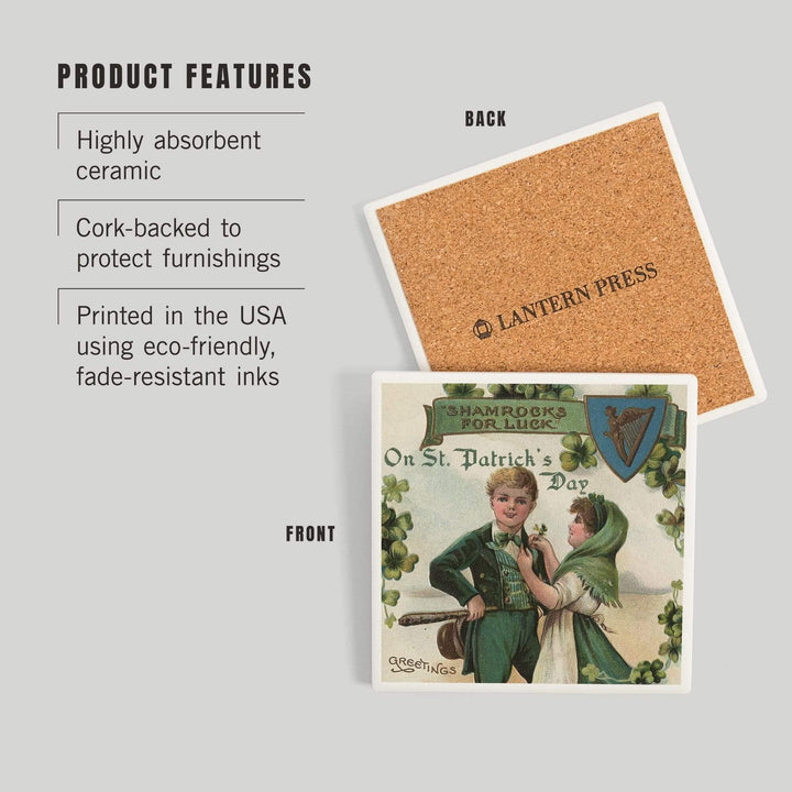 St. Patrick's Day Greeting, Shamrocks for Luck, Vintage Halftone, Coasters Coasters Lantern Press 