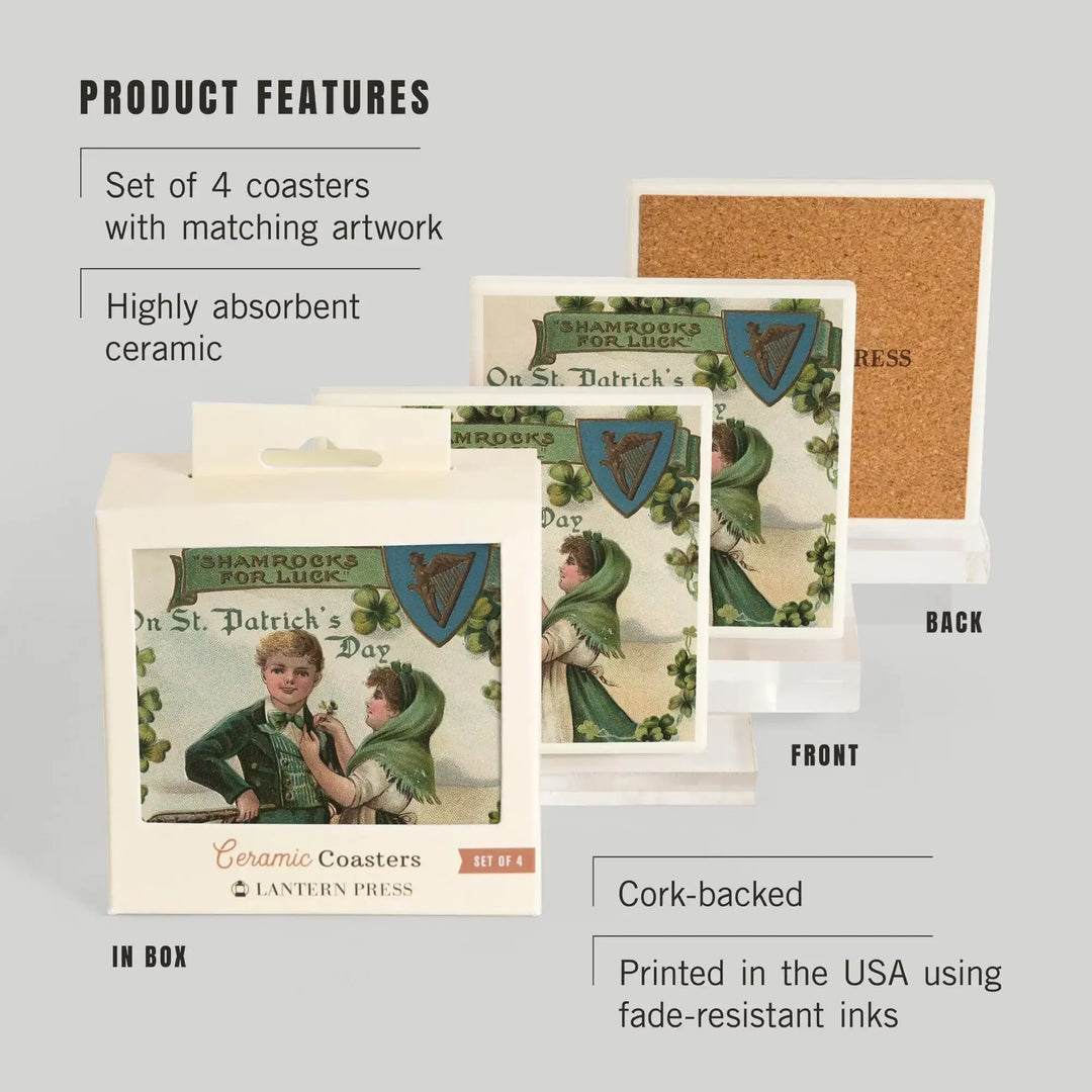St. Patrick's Day Greeting, Shamrocks for Luck, Vintage Halftone, Coasters Coasters Lantern Press 