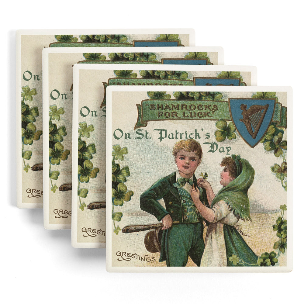 St. Patrick's Day Greeting, Shamrocks for Luck, Vintage Halftone, Coasters Coasters Lantern Press 