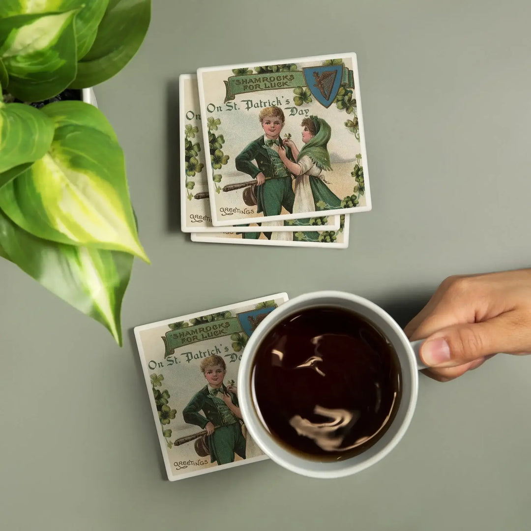 St. Patrick's Day Greeting, Shamrocks for Luck, Vintage Halftone, Coasters Coasters Lantern Press 