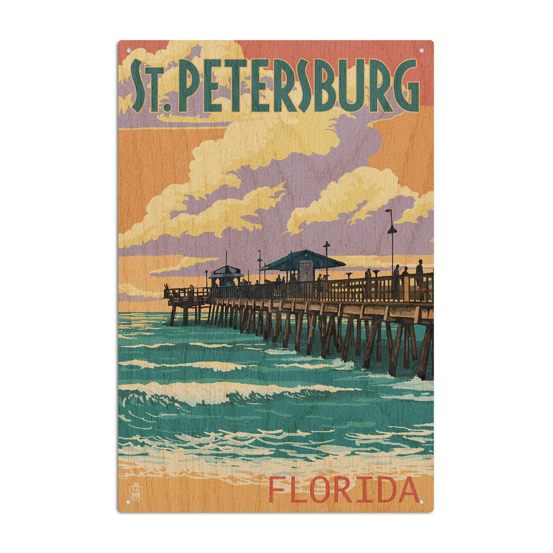 St Petersburg, Florida, Pier & Sunset, Lantern Press Artwork, Wood Signs and Postcards Wood Lantern Press 10 x 15 Wood Sign 