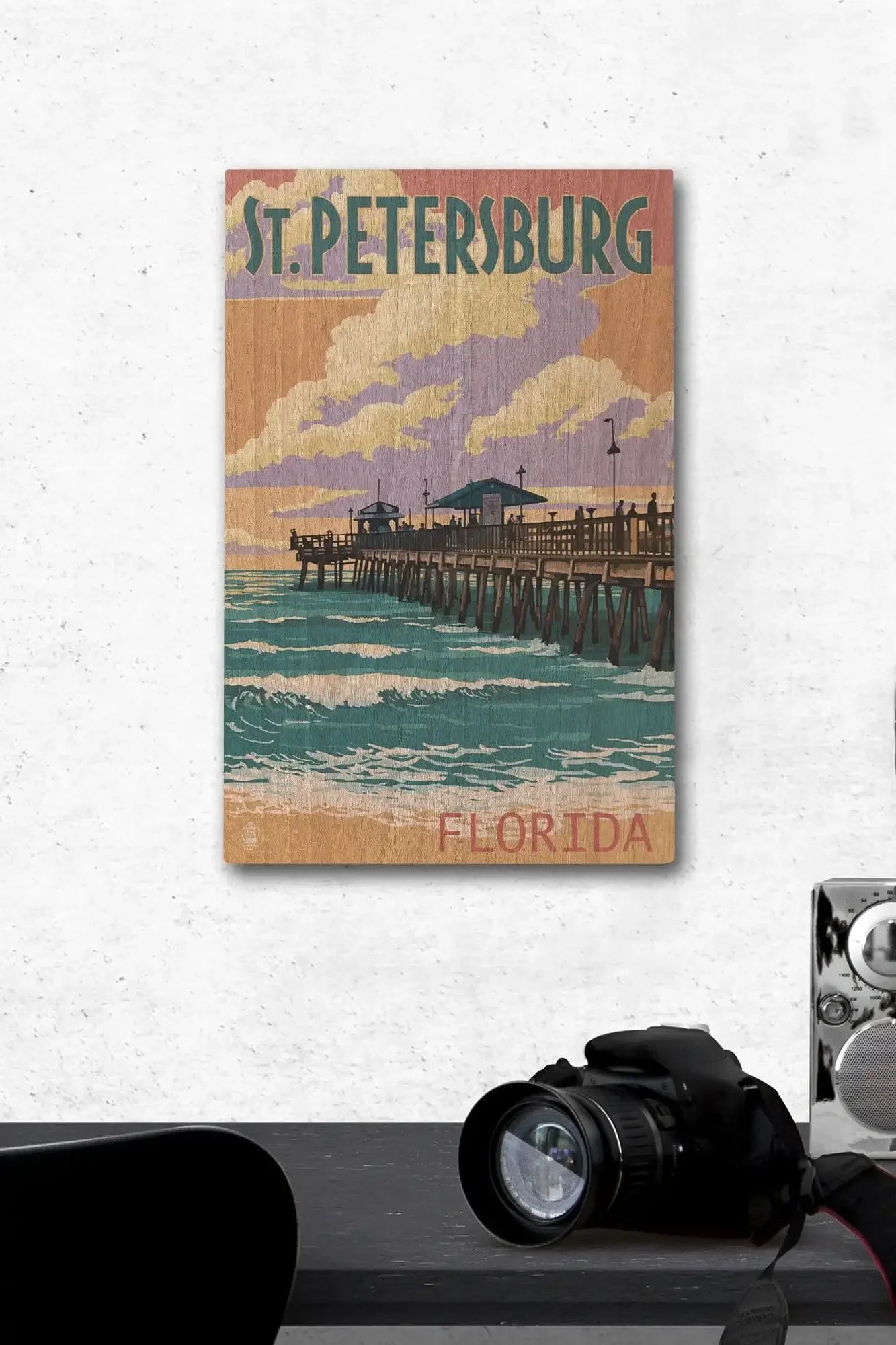 St Petersburg, Florida, Pier & Sunset, Lantern Press Artwork, Wood Sig