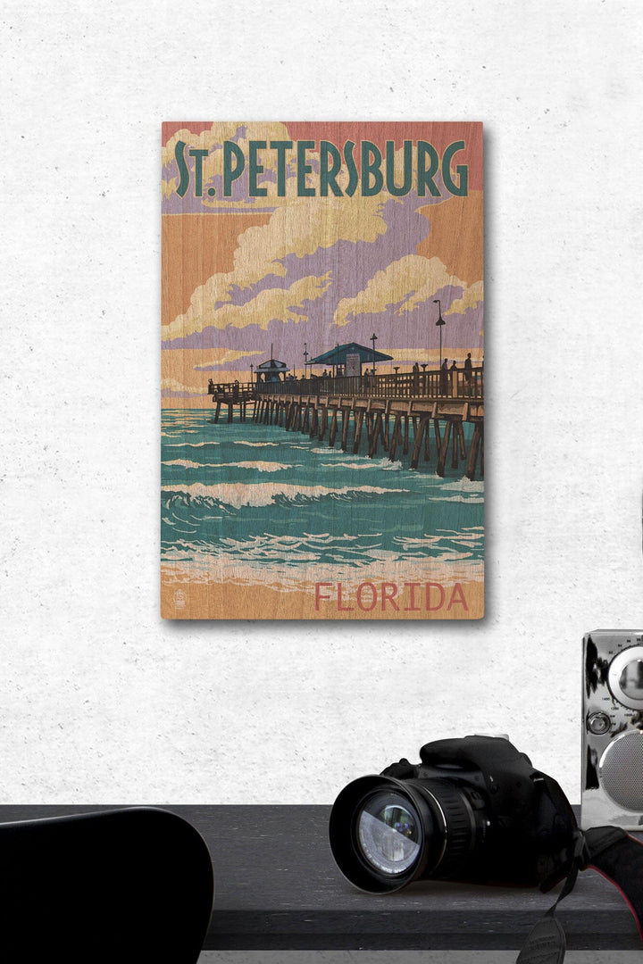 St Petersburg, Florida, Pier & Sunset, Lantern Press Artwork, Wood Signs and Postcards Wood Lantern Press 12 x 18 Wood Gallery Print 