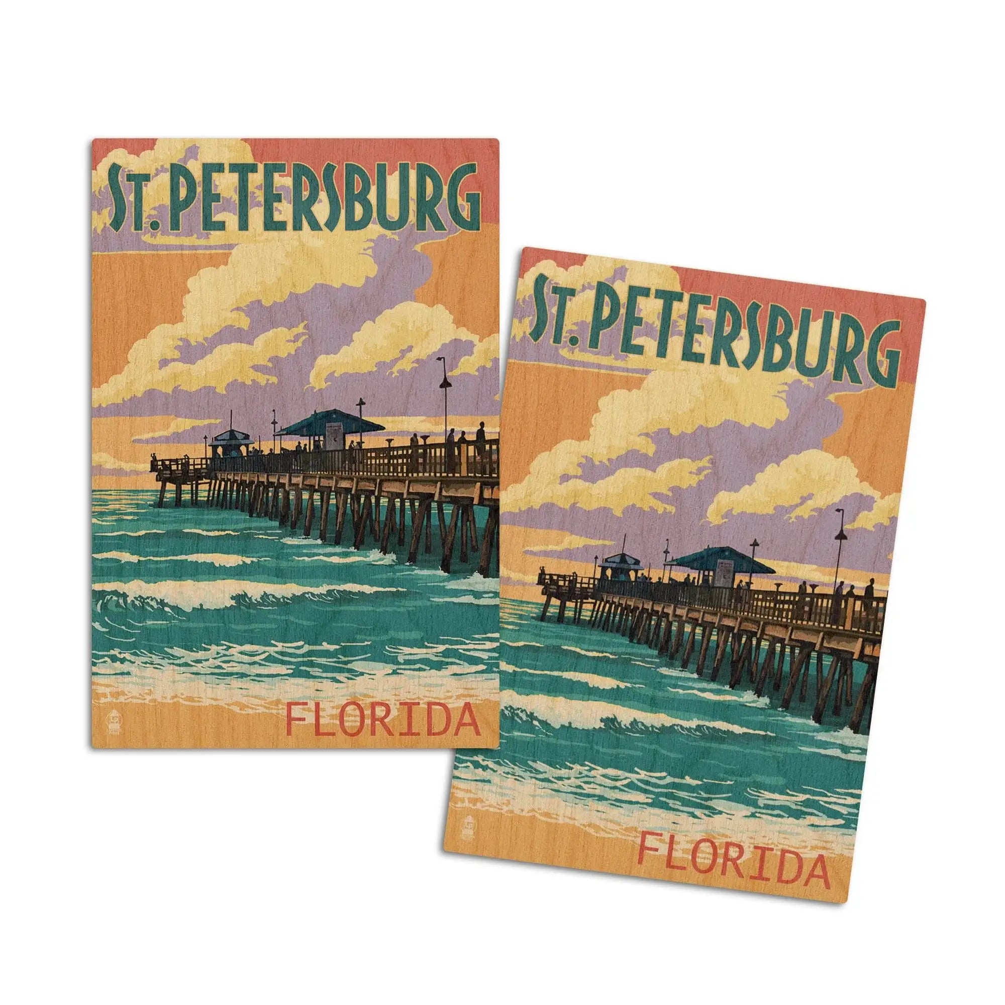 St Petersburg, Florida, Pier & Sunset, Lantern Press Artwork, Wood Sig