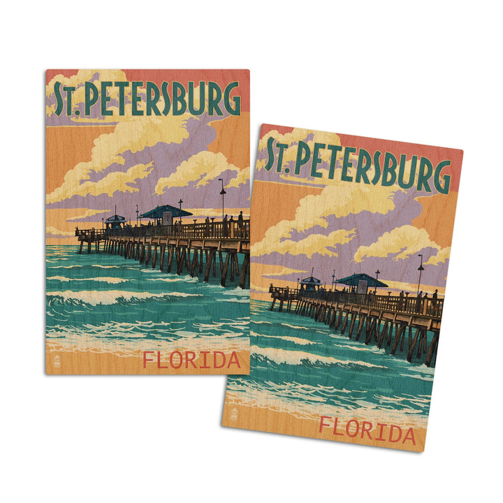 St Petersburg, Florida, Pier & Sunset, Lantern Press Artwork, Wood Signs and Postcards Wood Lantern Press 4x6 Wood Postcard Set 