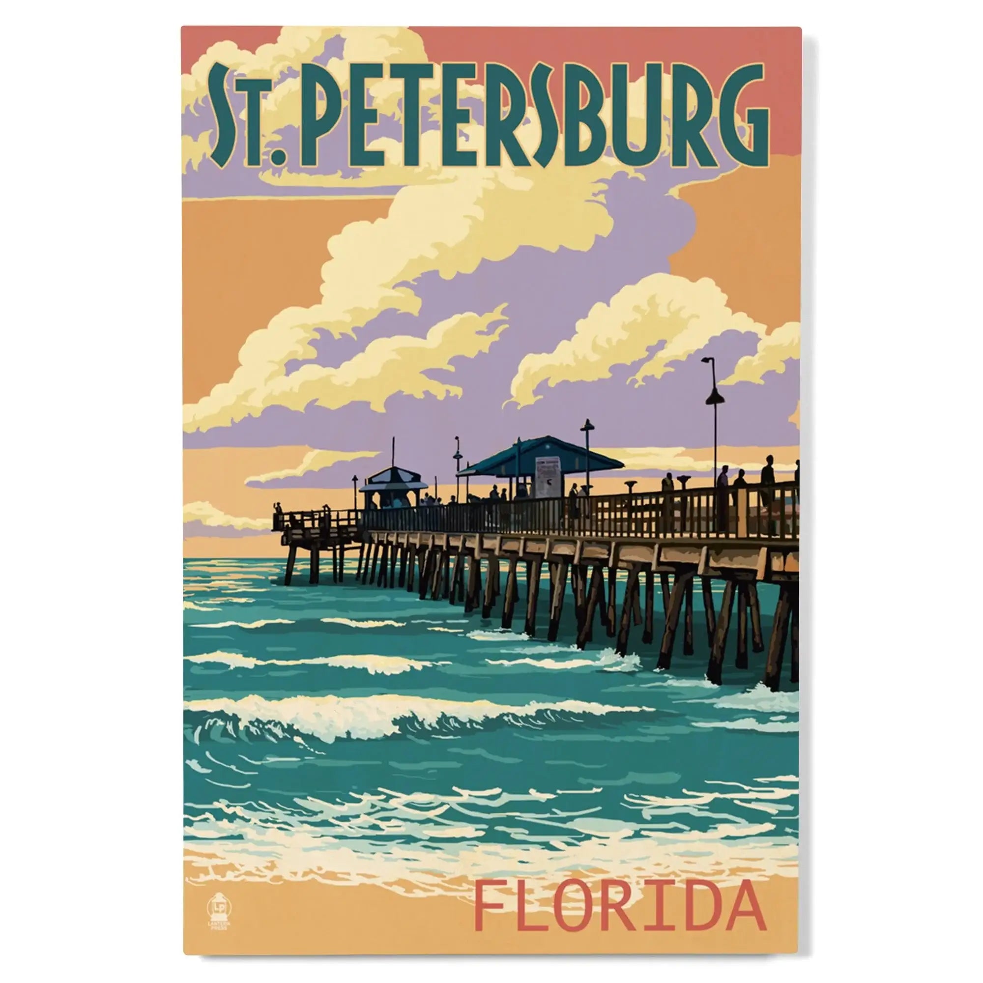 St Petersburg, Florida, Pier & Sunset, Lantern Press Artwork, Wood Sig