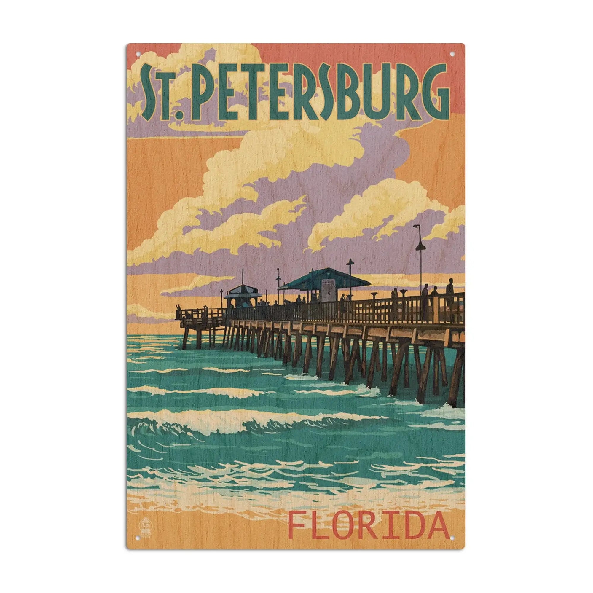 St Petersburg, Florida, Pier & Sunset, Lantern Press Artwork, Wood Sig
