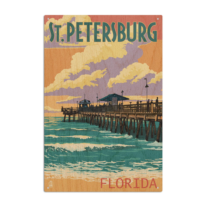 St Petersburg, Florida, Pier & Sunset, Lantern Press Artwork, Wood Signs and Postcards Wood Lantern Press 6x9 Wood Sign 