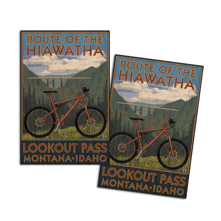 St. Regis, Montana, Route of the Hiawatha Mountain Bike Scene, Lantern Press Artwork, Wood Signs and Postcards Wood Lantern Press 4x6 Wood Postcard Set 