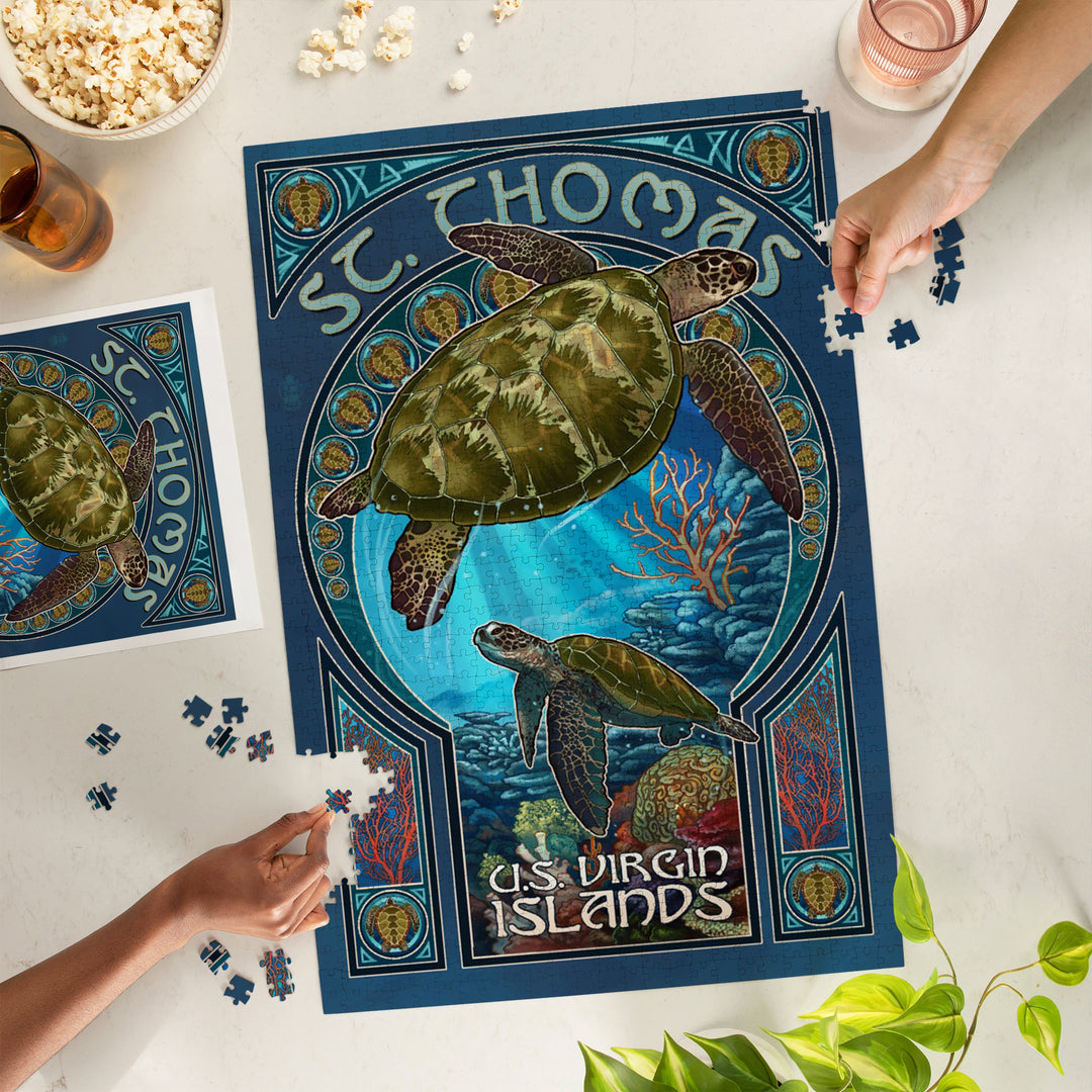 St. Thomas, U.S. Virgin Islands, Sea Turtle Art Nouveau, Jigsaw Puzzle Puzzle Lantern Press 