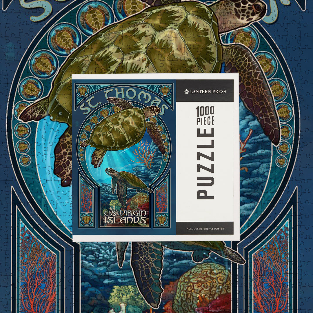 St. Thomas, U.S. Virgin Islands, Sea Turtle Art Nouveau, Jigsaw Puzzle Puzzle Lantern Press 