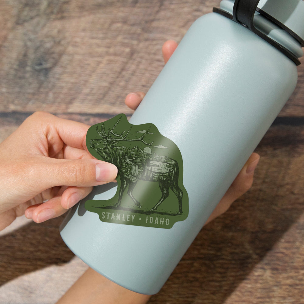 Stanley, Idaho, Elk and Mountain Scene, Contour Press, Vinyl Sticker Sticker Lantern Press 