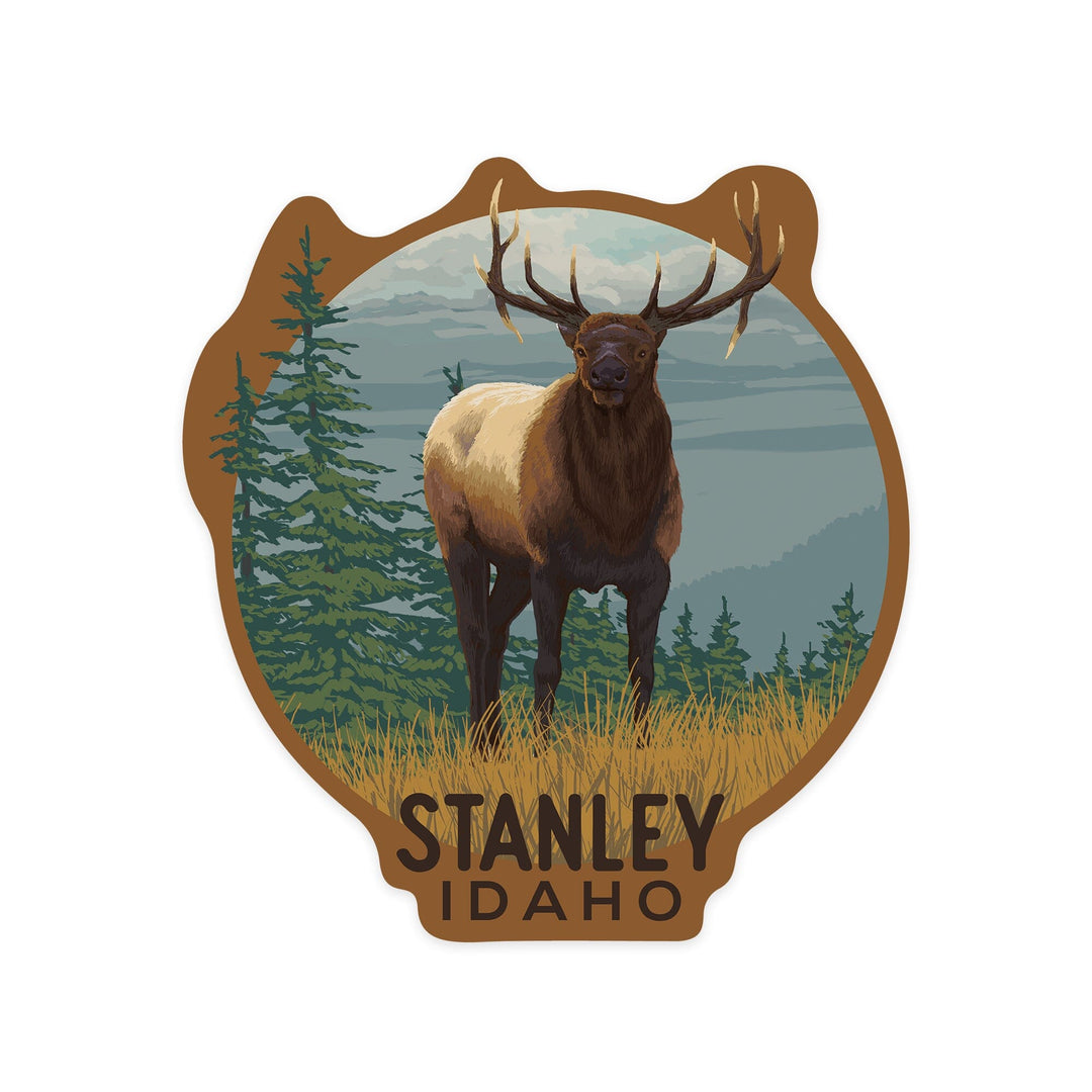 Stanley, Idaho, Elk and Trees, Contour Press, Vinyl Sticker Sticker Lantern Press 