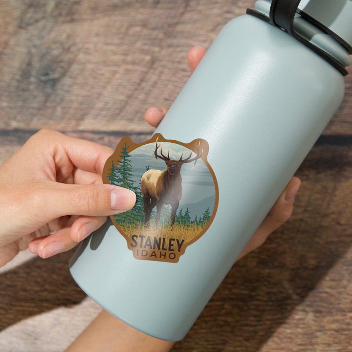 Stanley, Idaho, Elk and Trees, Contour Press, Vinyl Sticker Sticker Lantern Press 