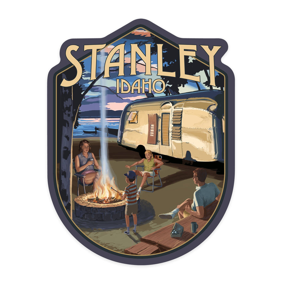 Stanley, Idaho, Retro Camper and Lake, Contour, Vinyl Sticker Sticker Lantern Press 