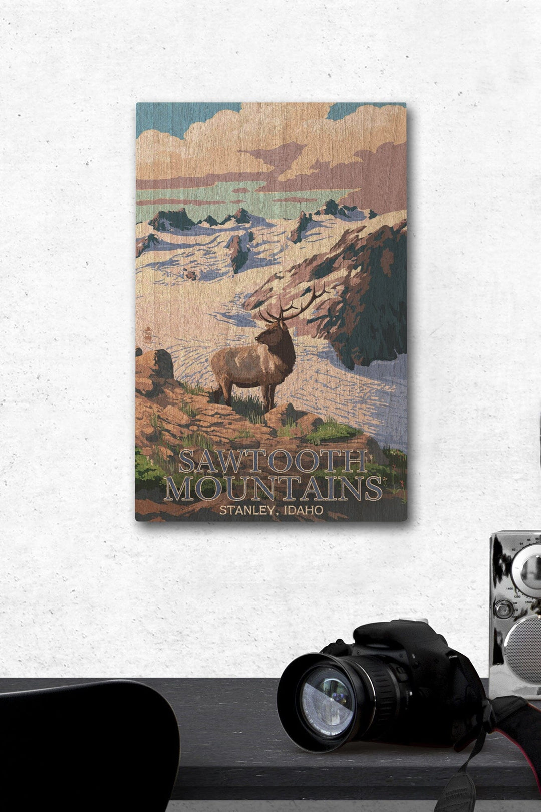 Stanley, Idaho, Sawtooth Mountain, Elk & Snowy Mountain, Lantern Press Artwork, Wood Signs and Postcards Wood Lantern Press 12 x 18 Wood Gallery Print 