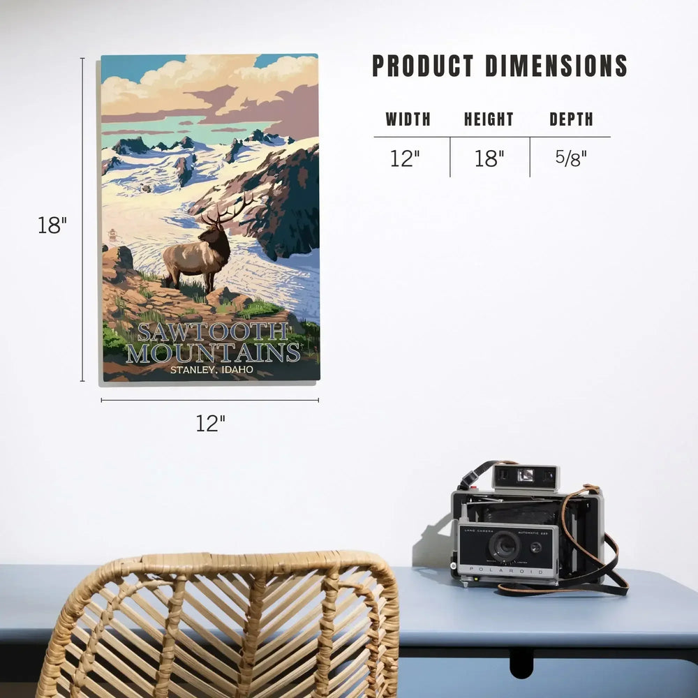 Stanley, Idaho, Sawtooth Mountain, Elk & Snowy Mountain, Lantern Press Artwork, Wood Signs and Postcards Wood Lantern Press 