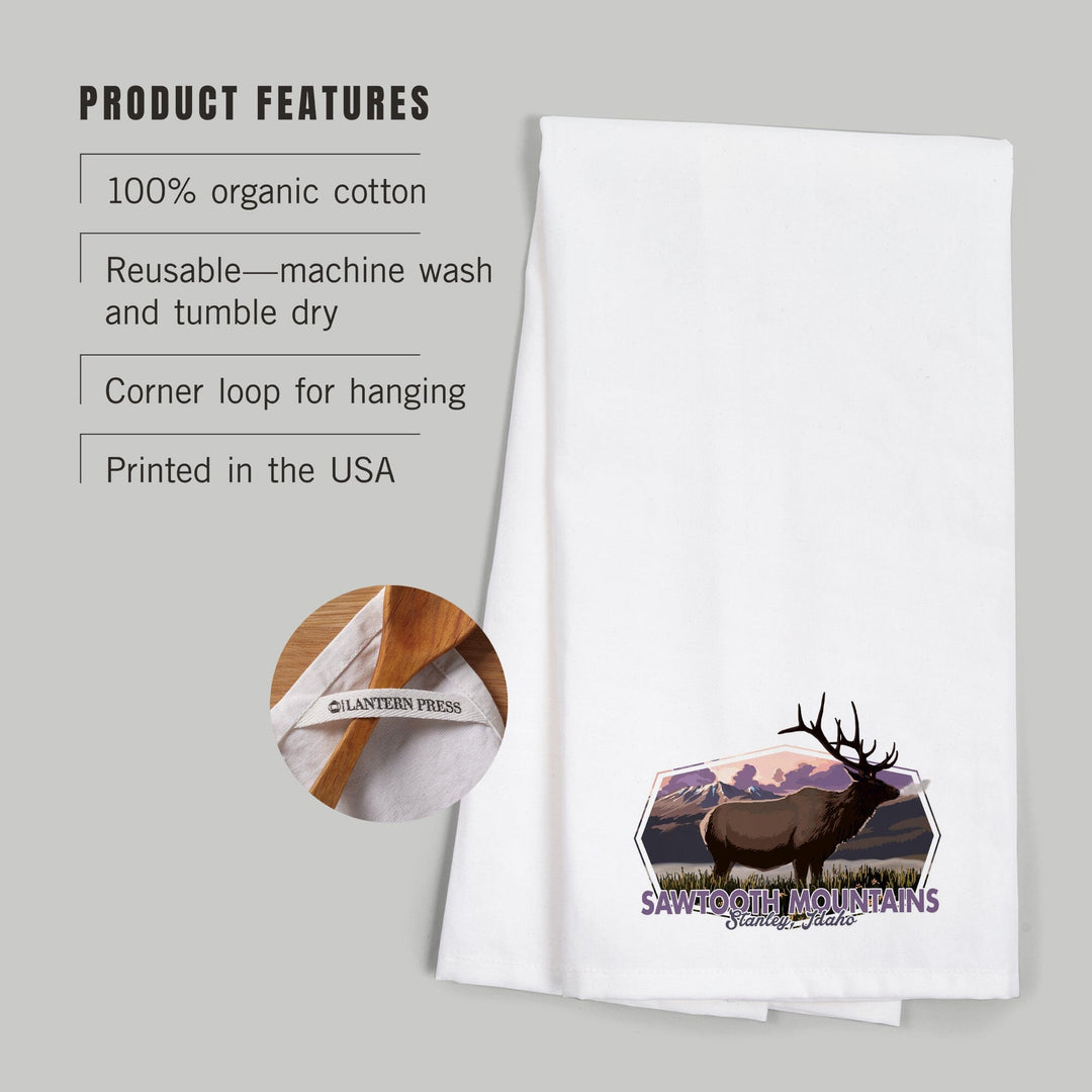 Stanley, Idaho, Sawtooth Mountains, Elk and Sunset, Contour, Organic Cotton Kitchen Tea Towels Kitchen Lantern Press 