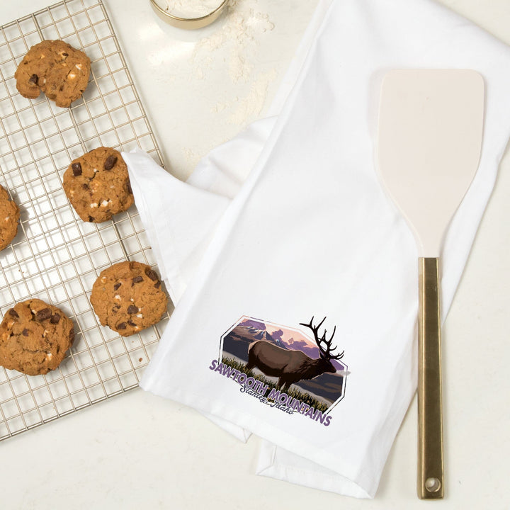 Stanley, Idaho, Sawtooth Mountains, Elk and Sunset, Contour, Organic Cotton Kitchen Tea Towels Kitchen Lantern Press 