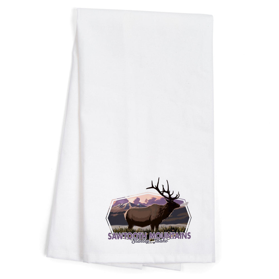 Stanley, Idaho, Sawtooth Mountains, Elk and Sunset, Contour, Organic Cotton Kitchen Tea Towels Kitchen Lantern Press 
