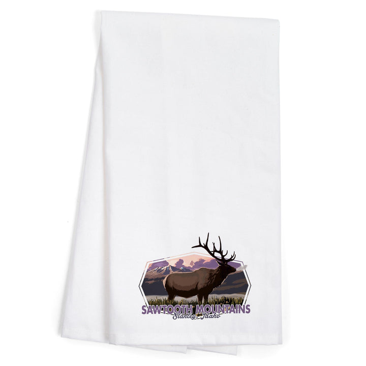 Stanley, Idaho, Sawtooth Mountains, Elk and Sunset, Contour, Organic Cotton Kitchen Tea Towels Kitchen Lantern Press 