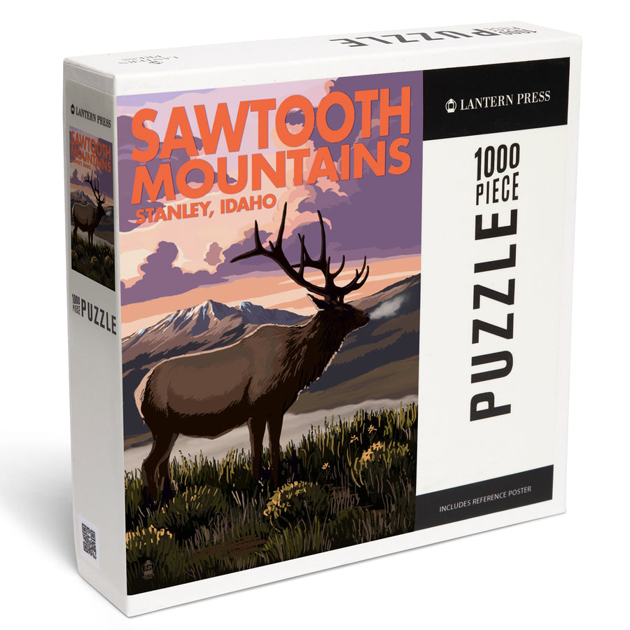 Stanley, Idaho, Sawtooth Mountains, Elk and Sunset, Jigsaw Puzzle Puzzle Lantern Press 