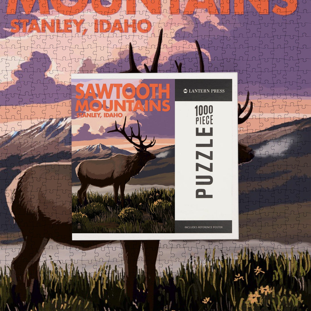 Stanley, Idaho, Sawtooth Mountains, Elk and Sunset, Jigsaw Puzzle Puzzle Lantern Press 