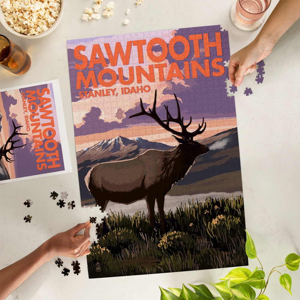Stanley, Idaho, Sawtooth Mountains, Elk and Sunset, Jigsaw Puzzle Puzzle Lantern Press 