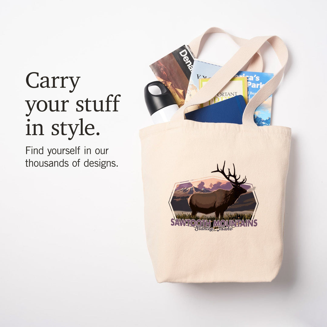 Stanley, Idaho, Sawtooth Mountains, Elk and Sunset,, Tote Bag Totes Lantern Press 