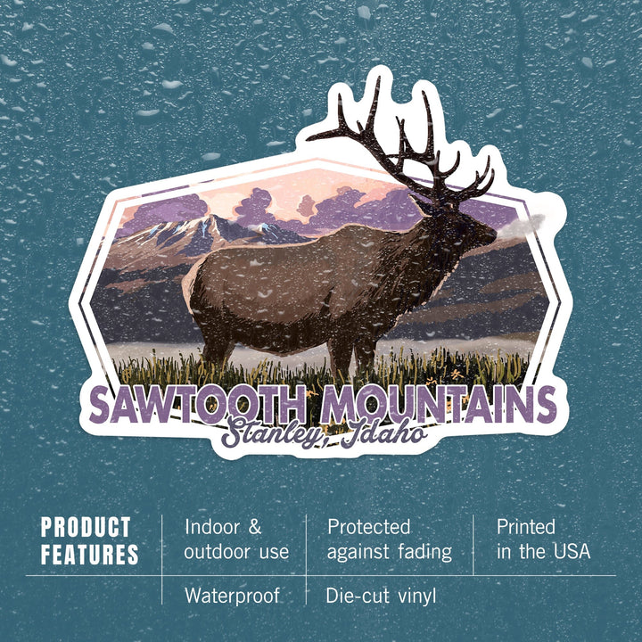 Stanley, Idaho, Sawtooth Mountains, Elk & Sunset, Contour, Lantern Press Artwork, Vinyl Sticker Sticker Lantern Press 