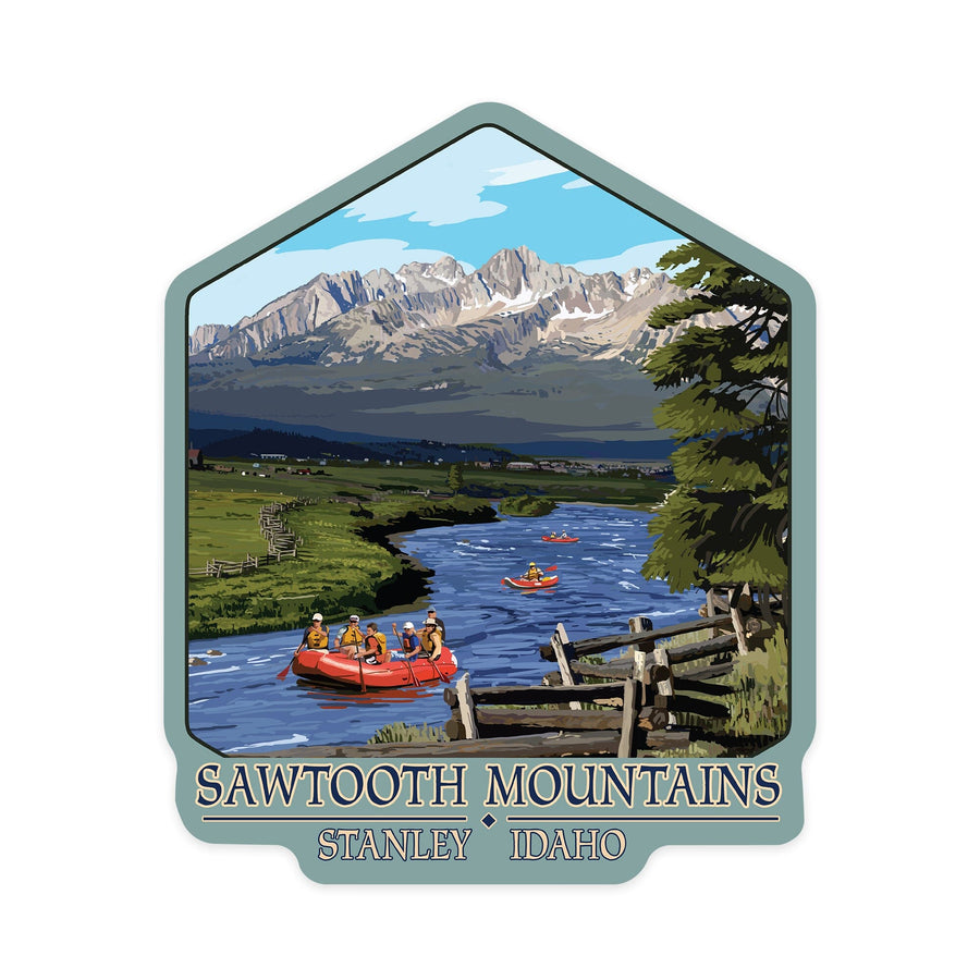 Stanley, Idaho, Sawtooth Mountains, Rafting, Contour, Vinyl Sticker Sticker Lantern Press 