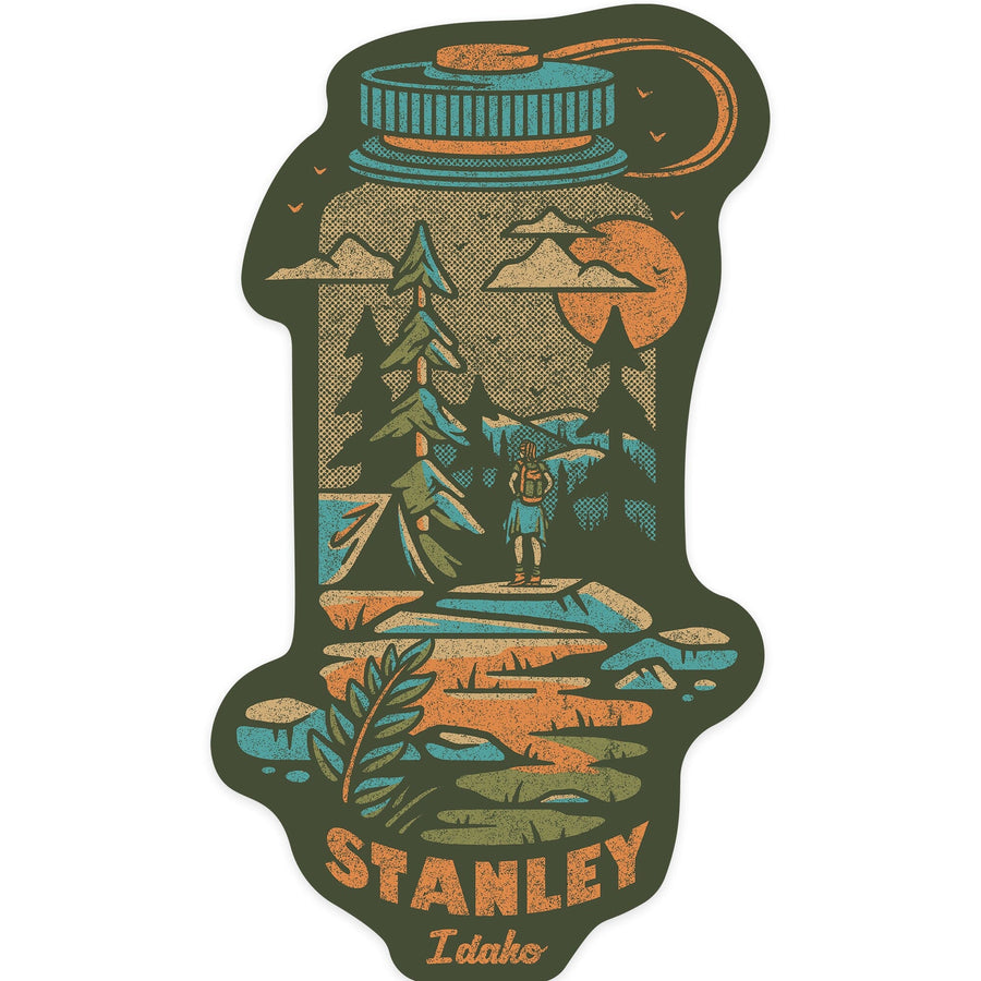 Stanley, Idaho, Water Bottle, Distressed Vector, Contour, Lantern Press Artwork, Vinyl Sticker Sticker Lantern Press 